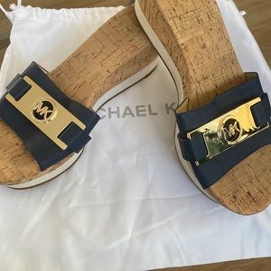 Micheal Kors Wedge Blue and Gold White Cork Sandals